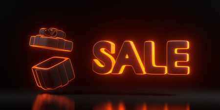 Promotion sale with gift box with bright glowing futuristic orange neon lights on black background. Holiday decoration. Festive gift surprise. 3D render illustrationの写真素材