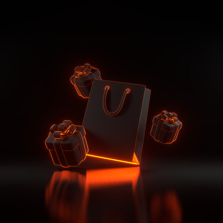 Gift boxes and shopping bag with bright glowing futuristic orange neon lights on black background. Holiday decoration. Festive gift surprise. 3D render illustrationの写真素材