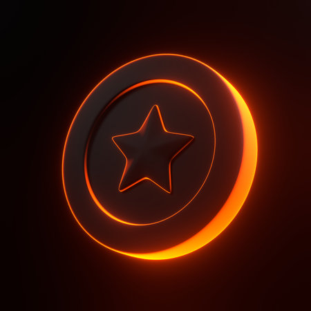 Gold coin and star with bright glowing futuristic orange neon lights on black background. 3D icon, sign and symbol. Cartoon minimal style. 3D render illustrationの写真素材
