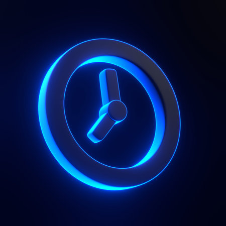 Clock icon with bright glowing futuristic blue neon lights on black background. 3D icon, sign and...