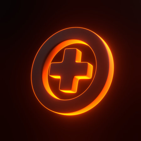 Plus symbol with bright glowing futuristic orange neon lights on black background. 3D icon, sign and symbol. Cartoon minimal style. 3D render illustrationの写真素材