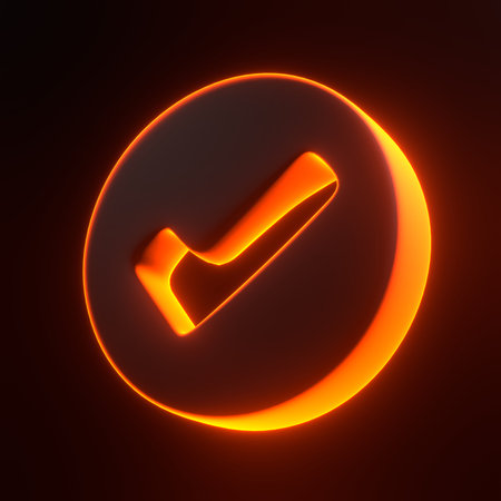 Check mark with bright glowing futuristic orange neon lights on black background. 3D icon, sign and symbol. Cartoon minimal style. 3D render illustrationの写真素材