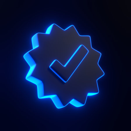Verify check icon with bright glowing futuristic blue neon lights on black background. 3D icon, sign and symbol. Cartoon minimal style. 3D render illustrationの写真素材