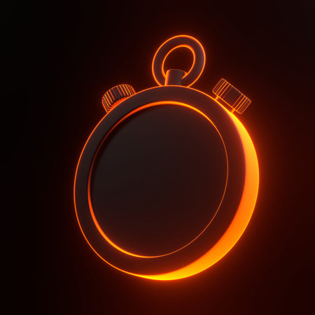 Stopwatch with bright glowing futuristic orange neon lights on black background. Cartoon minimal...