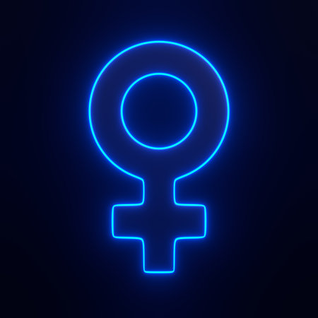 Woman symbol with bright glowing futuristic blue neon lights on black background. 3D icon, sign and symbol. Front view. 3D render illustrationの写真素材
