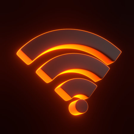 Wireless network symbol with bright glowing futuristic orange neon lights on black background. Wi-Fi icon design concept. Wifi sign. 3D render illustrationの写真素材