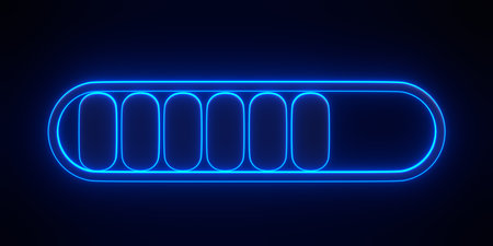 Minimal progress bar part symbol with bright glowing futuristic blue neon lights on black background. Loading concept. 3D render illustrationの写真素材