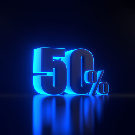 Fifty percent sign with bright glowing futuristic blue neon lights on black background. 50% discount...
