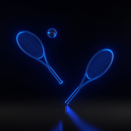 Tennis Racket and Tennis Ball with bright glowing futuristic blue neon lights on black background. 3D render illustrationの写真素材