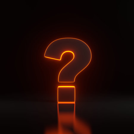 Question mark with bright glowing futuristic orange neon lights on black background. Minimalism...