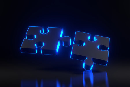 Flying puzzle with bright glowing futuristic blue neon lights on black background. 3D render illustrationの写真素材