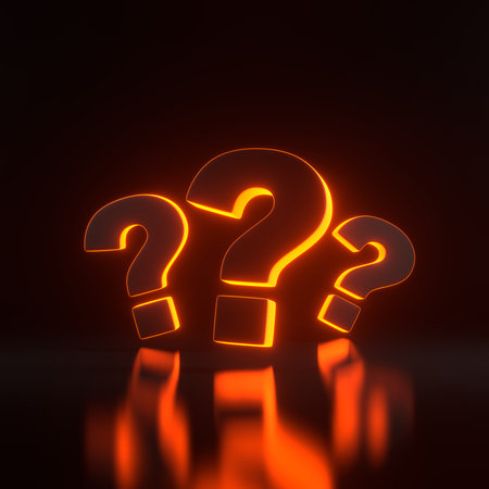 Group of question marks with bright glowing futuristic orange neon lights on black background. Minimal ideas concept. 3D render illustrationの写真素材
