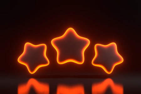 Three stars hover with bright glowing futuristic orange neon lights on black background. Rating review. Premium rank. Customer feedback. 3D render illustrationの写真素材