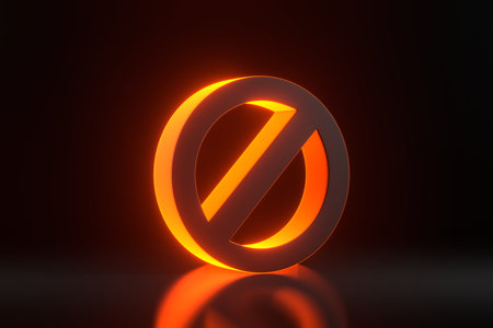 Prohibited sign with bright glowing futuristic orange neon lights on black background. 3D render illustrationの写真素材