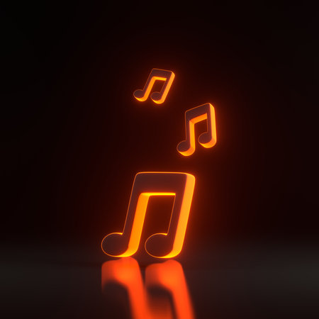 Musical notes fly with bright glowing futuristic orange neon lights on black background. 3D render illustrationの写真素材