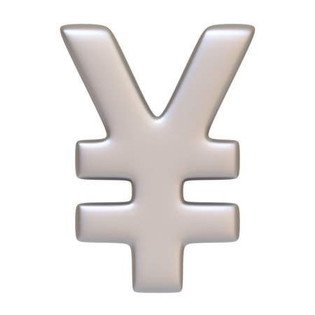 Silver yen sign isolated on white background. 3D icon, sign and symbol. Cartoon minimal style. Front view. 3D Render Illustrationの写真素材