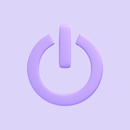 Power Off purple button isolated on purple background. 3D icon, sign and symbol. Cartoon minimal...