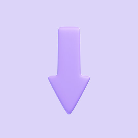 Purple arrow downwards isolated on purple background. 3D icon, sign and symbol. Cartoon minimal style. Front view. 3D Render Illustrationの写真素材