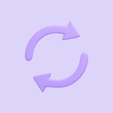 Two purple arrows icon, update symbol isolated on purple background. 3D icon, sign and symbol. Cartoon minimal style. Front view. 3D Render Illustrationの写真素材