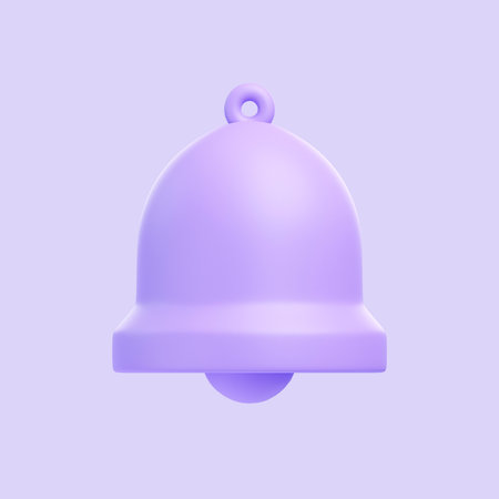 Purple bell icon isolated on purple background. 3D icon, sign and symbol. Cartoon minimal style. Front view. 3D Render Illustrationの写真素材