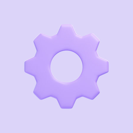 Purple gear icon isolated on purple background. 3D icon, sign and symbol. Cartoon minimal style. Front view. 3D Render Illustrationの写真素材
