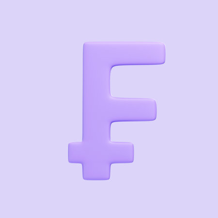 Purple franc sign isolated on purple background. 3D icon, sign and symbol. Cartoon minimal style. Front view. 3D Render Illustrationの写真素材