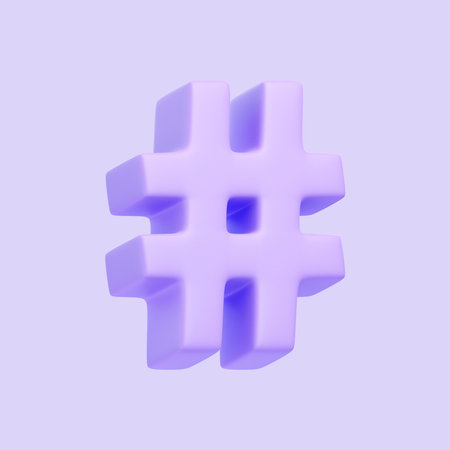 Purple hashtag symbol isolated on purple background. 3D icon, sign and symbol. Cartoon minimal style. 3D Render Illustrationの写真素材
