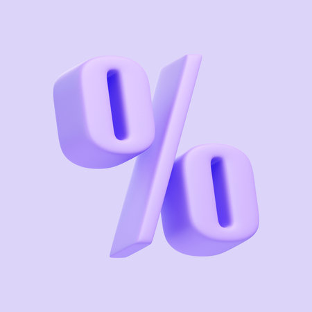 Purple percentage symbol isolated on purple background. 3D icon, sign and symbol. Cartoon minimal style. 3D Render Illustrationの写真素材