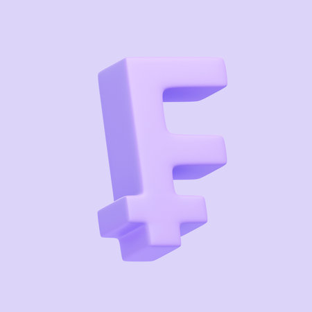 Purple franc sign isolated on purple background. 3D icon, sign and symbol. Cartoon minimal style. 3D Render Illustrationの写真素材