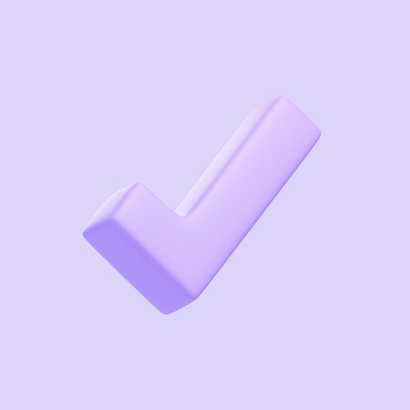 Purple check mark isolated on purple background. 3D icon, sign and symbol. Cartoon minimal style. 3D...