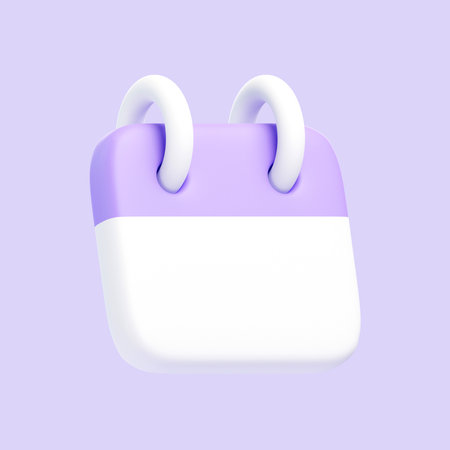 Purple calendar isolated on purple background. 3D icon, sign and symbol. Cartoon minimal style. 3D Render Illustrationの写真素材