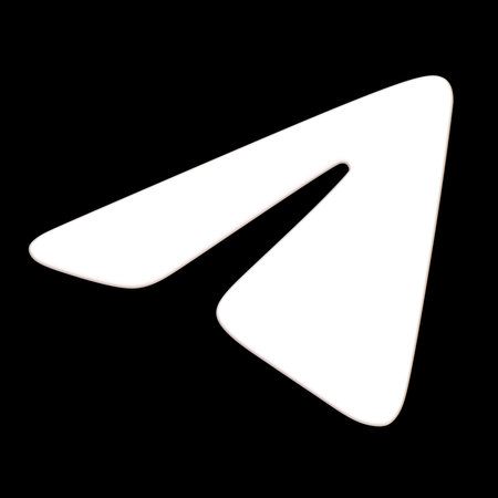 White volumetric Telegram icon isolated on black background. Paper airplane. Social media app button, logo, sign and symbol. Front view. 3D Render Illustrationのeditorial素材