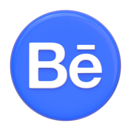 Blue volumetric Behance icon isolated on white background. Be letter logotype. Social media app round button, logo, sign and symbol. Front view. 3D Render Illustrationのeditorial素材