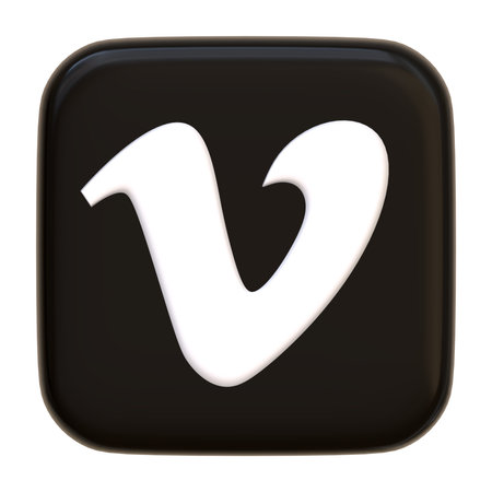Black volumetric Vimeo icon isolated on white background. Innovative video experience platform. Social media app square button, logo, sign and symbol. Front view. 3D Render Illustrationのeditorial素材