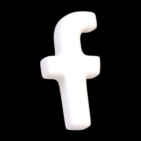 White volumetric Facebook icon isolated on black background. F letter logotype. Social media app button, logo, sign and symbol. Side view 3D Render Illustrationのeditorial素材