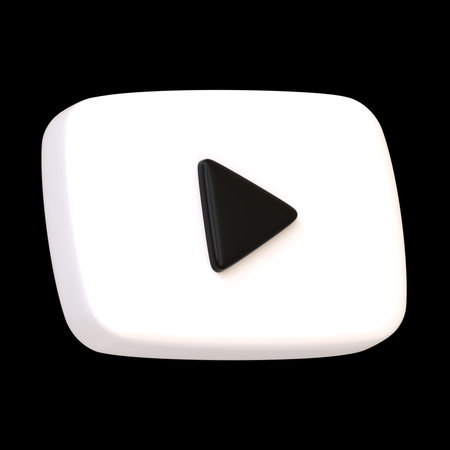 Black and white volumetric YouTube icon isolated on black background. Play button for video and audio. Social media app logo, sign and symbol. Side view 3D Render Illustrationのeditorial素材