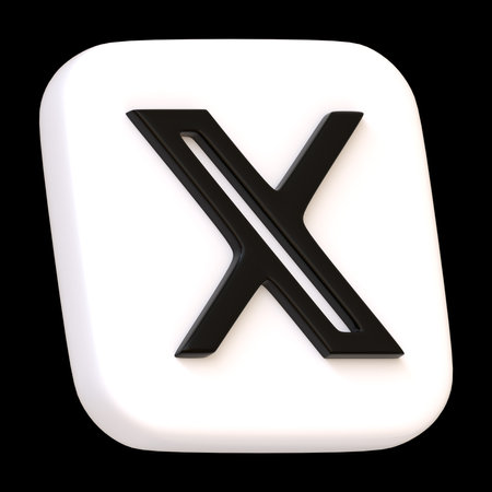 White volumetric Twitter new icon isolated on black background. X letter logotype. Social media app square button, logo, sign and symbol. Side view 3D Render Illustrationのeditorial素材