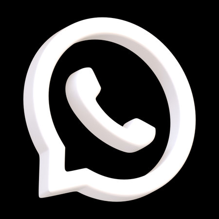 White volumetric WhatsApp icon isolated on black background. Phone in bubble chat Icon. Social media app button, logo, sign and symbol. Side view 3D Render Illustrationのeditorial素材
