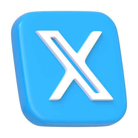 Blue volumetric Twitter new icon isolated on white background. X letter logotype. Social media app square button, logo, sign and symbol. Side view 3D Render Illustrationのeditorial素材