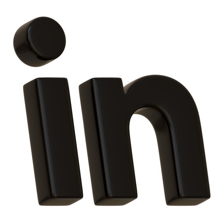 Black volumetric Linkedin icon isolated on white background. In letter logotype. Social media app button, logo, sign and symbol. Side view 3D Render Illustrationのeditorial素材