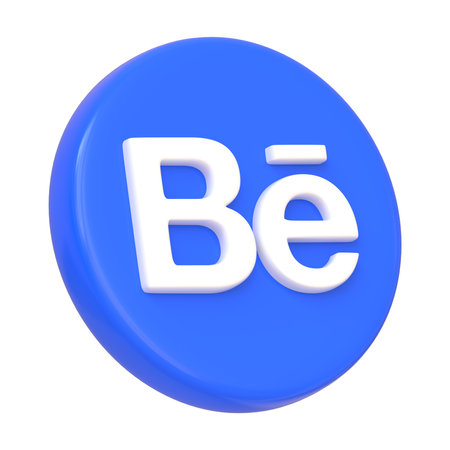 Blue volumetric Behance icon isolated on white background. Be letter logotype. Social media app round button, logo, sign and symbol. Side view 3D Render Illustrationのeditorial素材