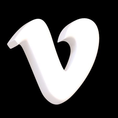 White volumetric Vimeo icon isolated on black background. Innovative video experience platform. Social media app button, logo, sign and symbol. Side view 3D Render Illustrationのeditorial素材