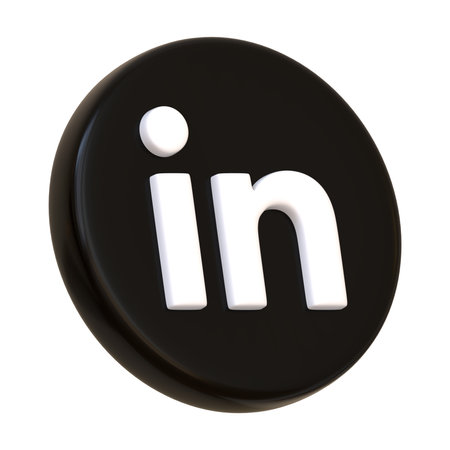 Black volumetric Linkedin icon isolated on white background. In letter logotype. Social media app round button, logo, sign and symbol. Side view 3D Render Illustrationのeditorial素材