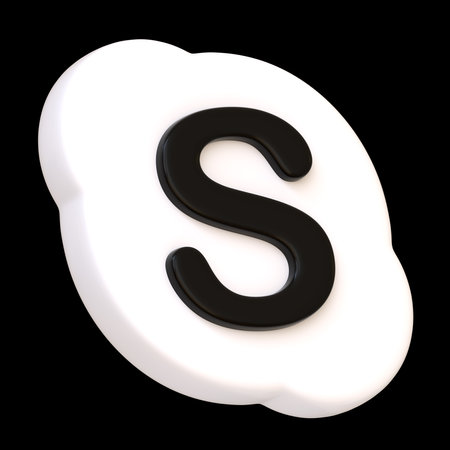 White volumetric Skype icon isolated on black background. Application for video communications, audio conferencing, webinars and chat. Social media app button, logo, sign and symbol. 3D Renderのeditorial素材