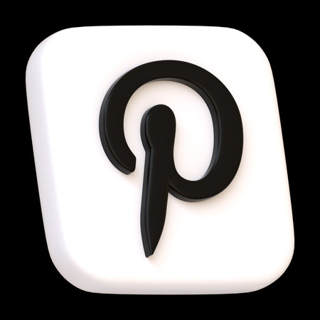 White volumetric Pinterest icon isolated on black background. P letter logotype. Social media app square button, logo, sign and symbol. Side view 3D Render Illustrationのeditorial素材
