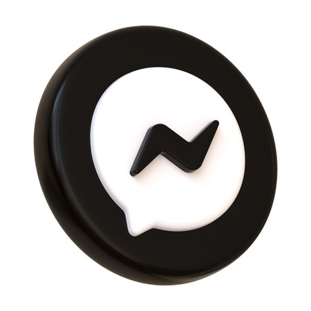 Black volumetric Messenger icon isolated on white background. Speech bubble meta chat. Social media app round button, logo, sign and symbol. Side view 3D Render Illustrationのeditorial素材