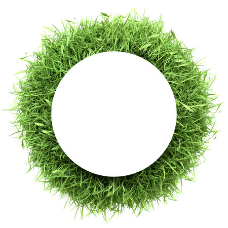 A circular white frame centered within a thick border of lush green grass, depicting an eco-friendly and organic theme. 3D render illustrationの写真素材