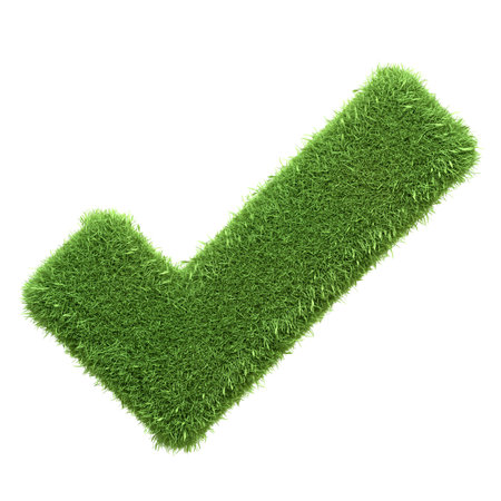 A green grass check mark symbol, representing approval, eco-friendly choices, and positive confirmation, isolated on a white background. 3D render illustrationの写真素材