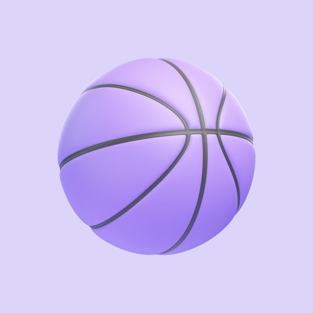 A vivid purple basketball rendered with realistic textures, set against a gradient purple backdrop for a dynamic look. Icon, sign and symbol. Side view 3D Render illustrationの写真素材
