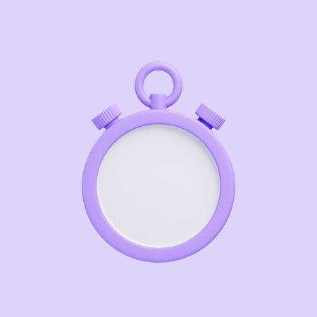A conceptual and minimalist design of a purple stopwatch with a blank clock face on a purple...